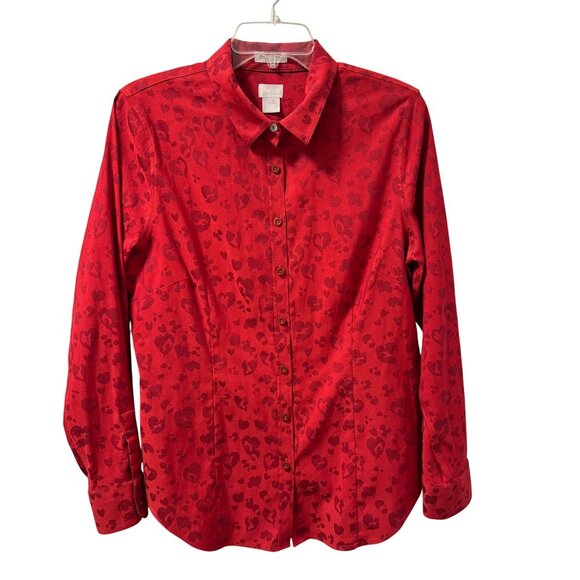 Chicos Red Heart Pattern Button-Up Shirt Size Medium Shirt - Picture 1 of 12